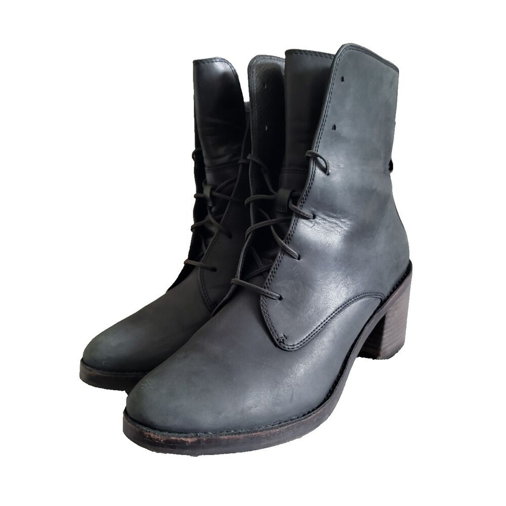 Ugg Women Sz 9 Oriana Black Oiled Leather Granny Boots Mid Calf Block Heel Boots